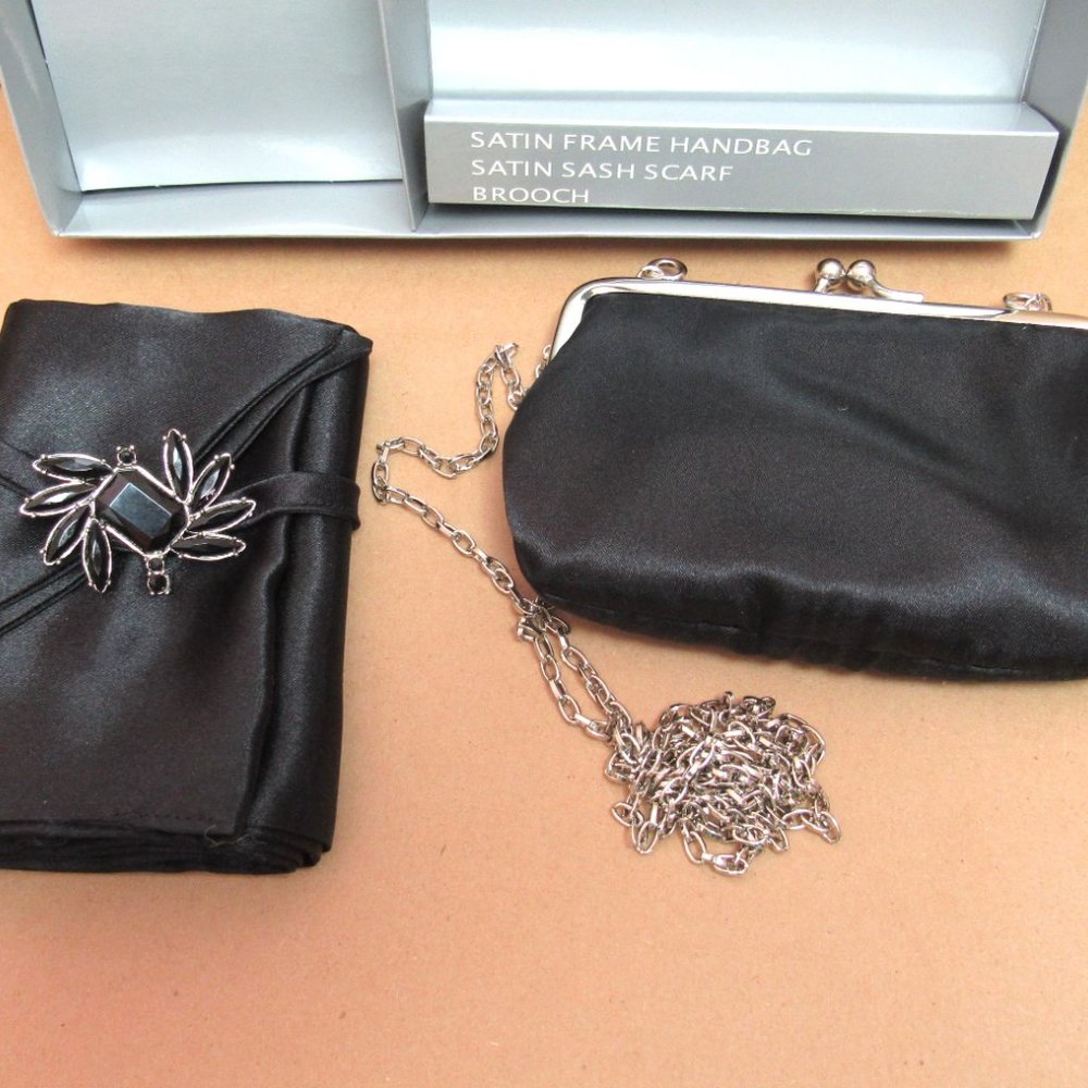 ACCESSORY SET 3 Piece Purse Brooch Scarf BLACK SATIN Formal Prom Dance MIB